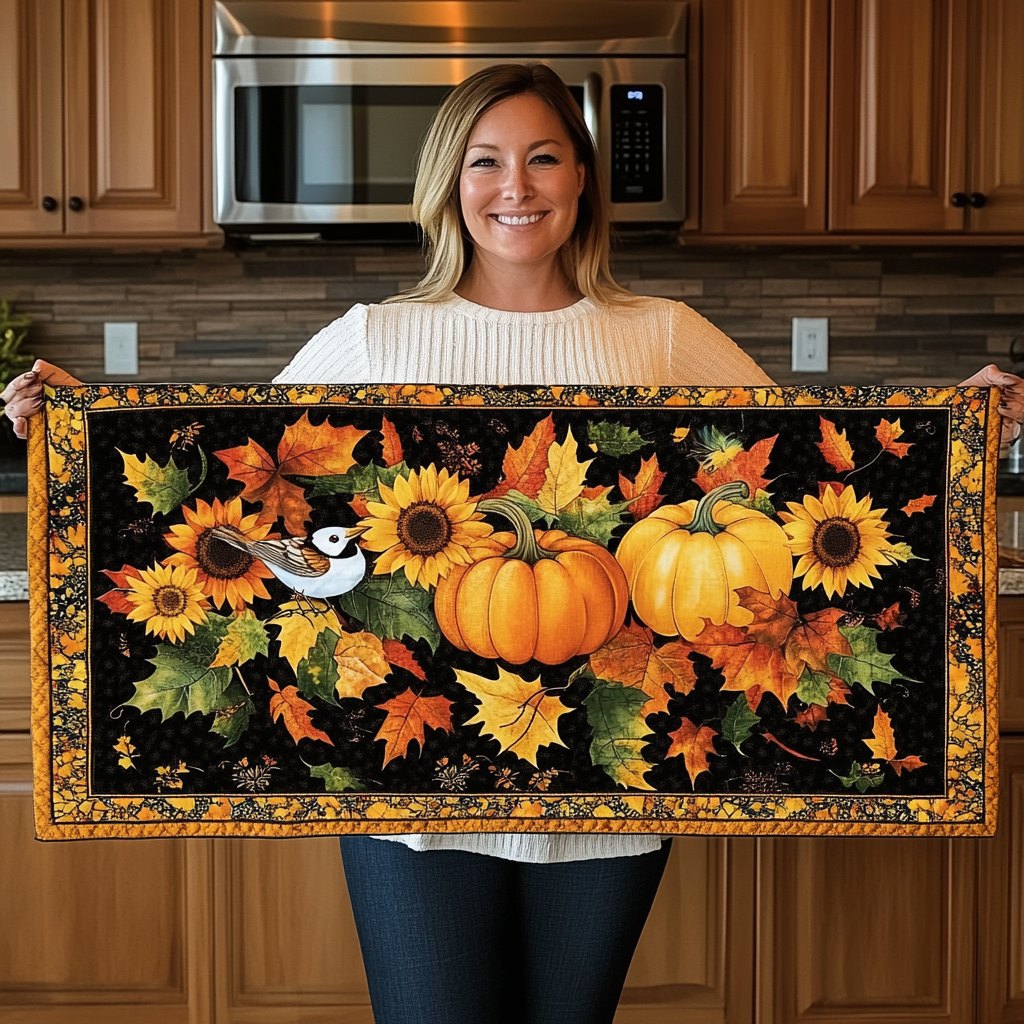 Sunflowers and Pumpkins on Black Table Runner