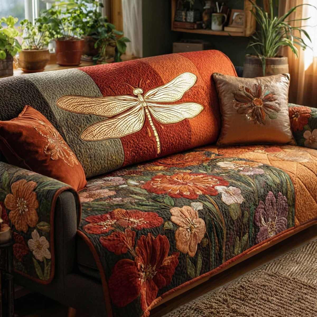 Golden Dragonfly on Rust Sofa Cover