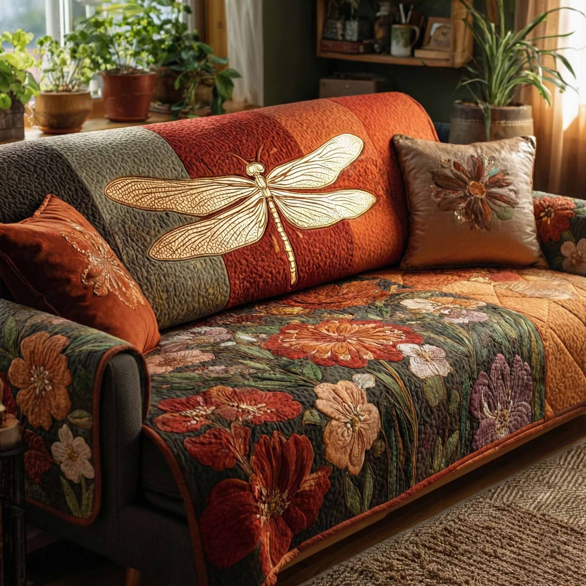 Golden Dragonfly on Rust Sofa Cover