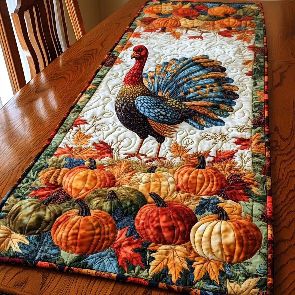 Autumn Feast Turkey Among Pumpkins and Leaves Table Runner