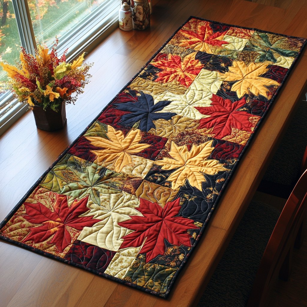 Autumn Glow Maple Leaf Blocks on Cream Table Runner