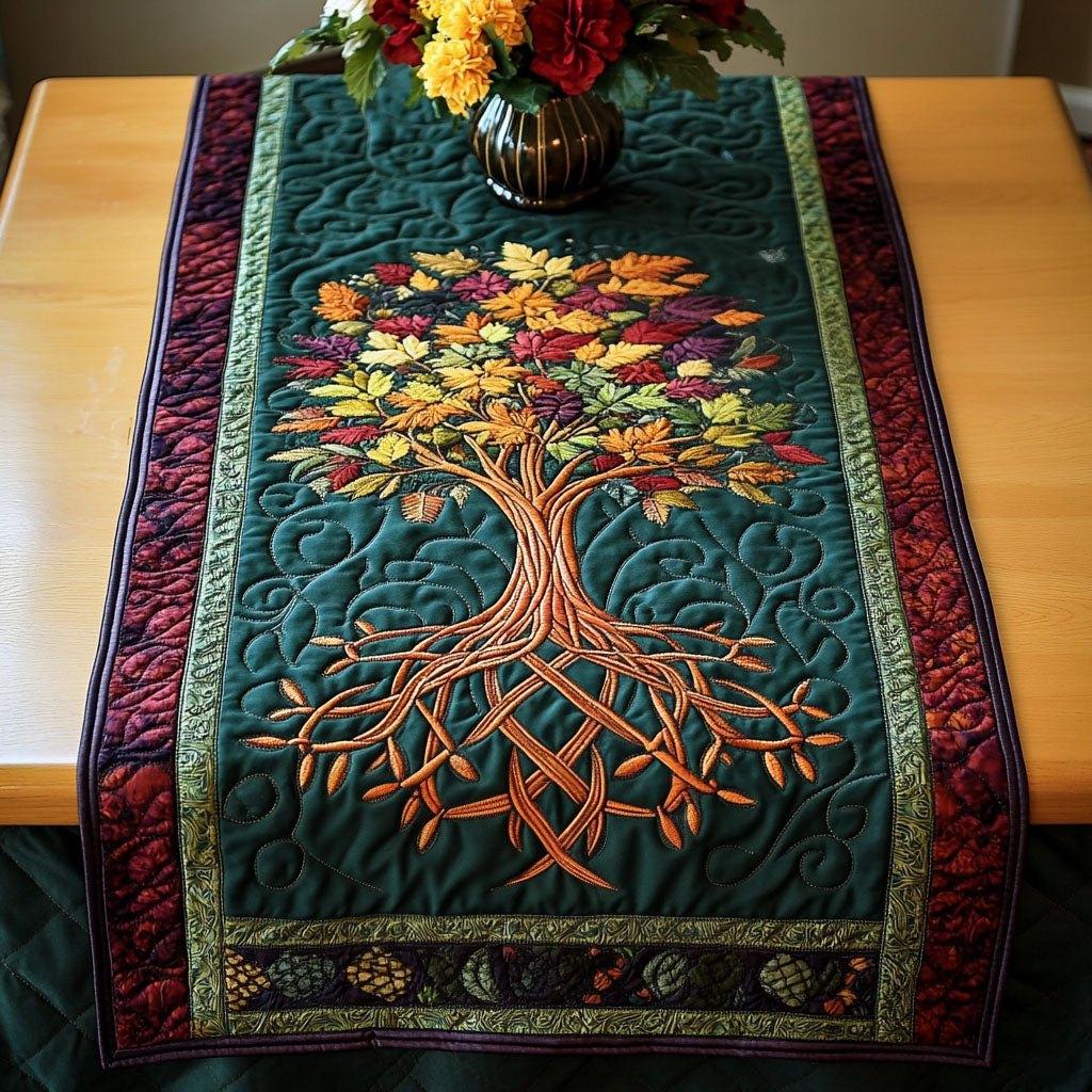 Autumn Tree of Life on Teal Table Runner