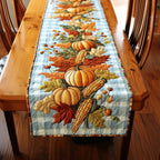 White Pumpkins and Corn on Gingham Table Runner