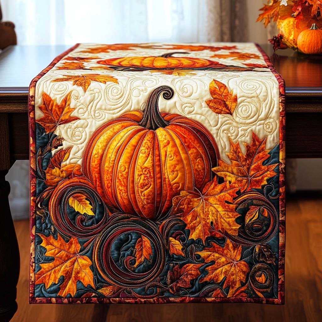 Big Orange Pumpkin with Swirling Leaves Table Runner