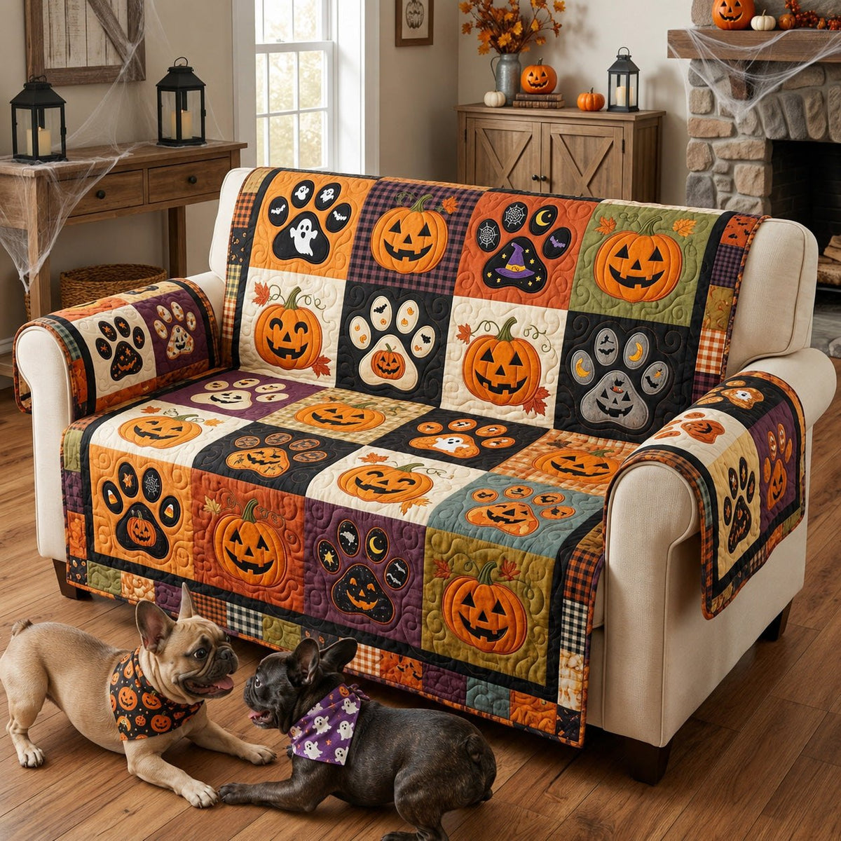Pumpkin and Paw Print Blocks Sofa Cover