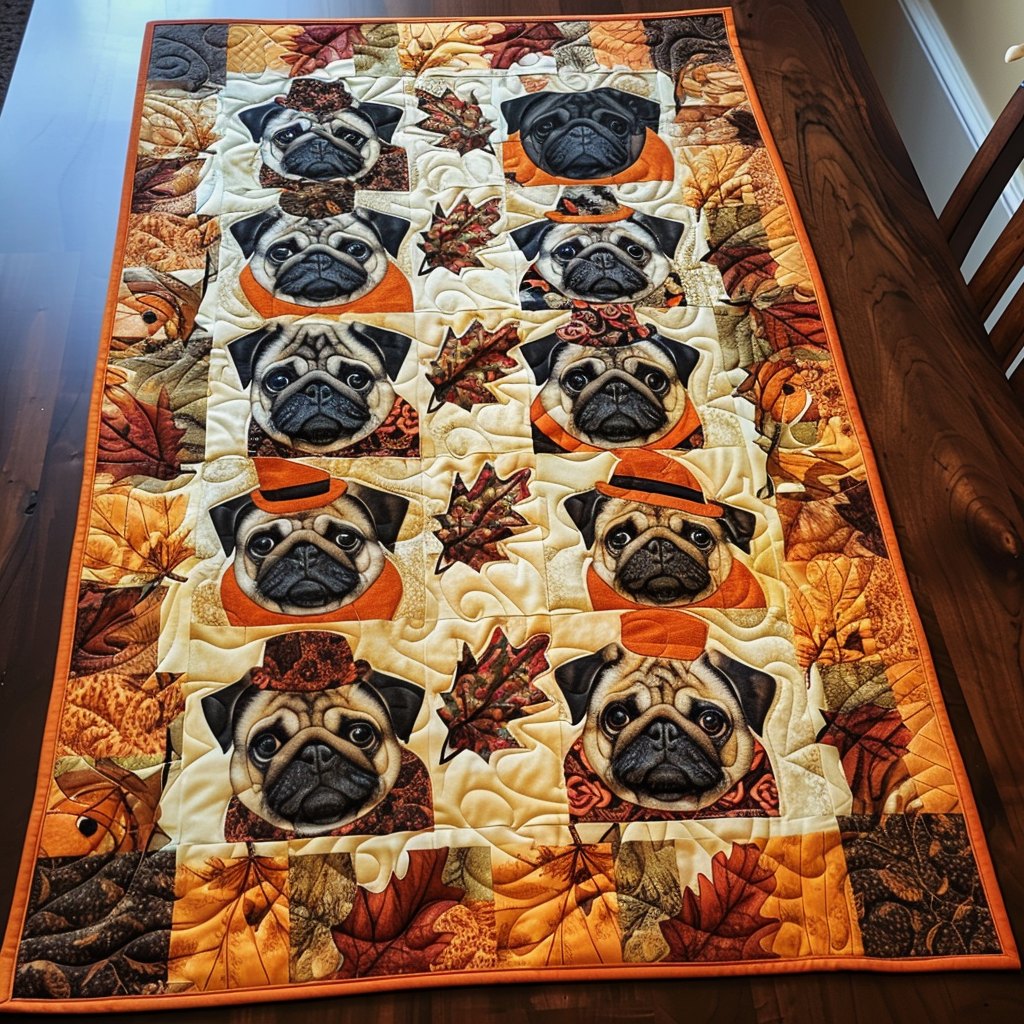 Pug Faces on Cream Autumn Print Table Runner