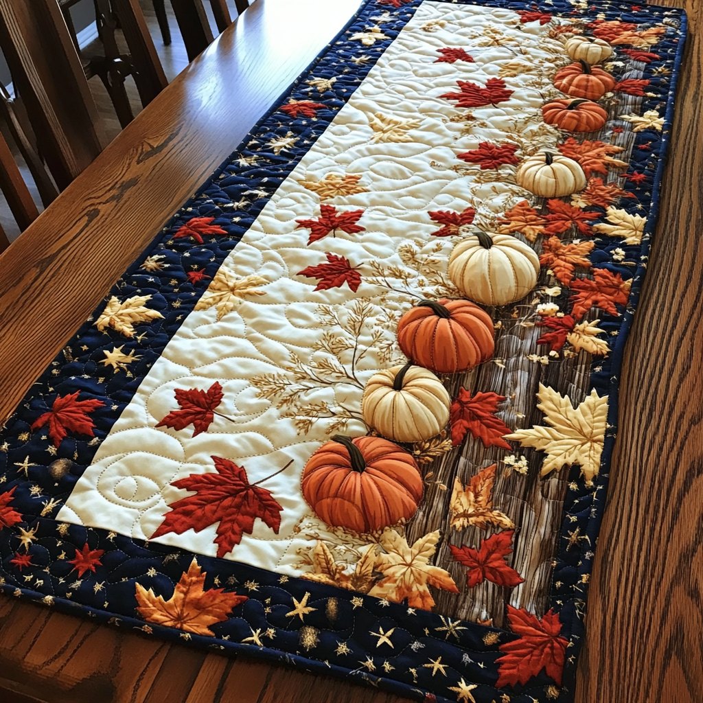 Cream Pumpkins with Maple Leaves on Navy Table Runner