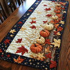 Cream Pumpkins with Maple Leaves on Navy Table Runner