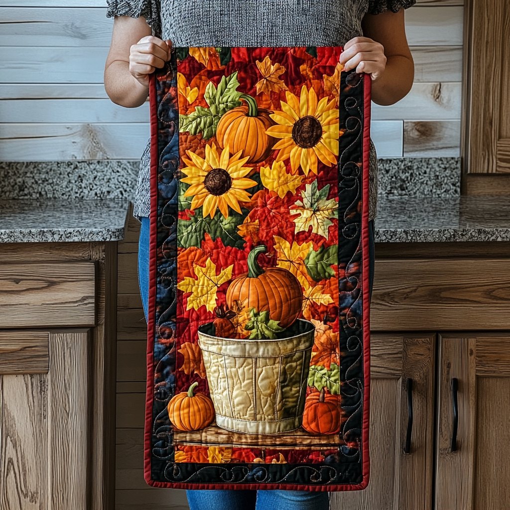 Sunflower Bucket with Pumpkins on Red Table Runner