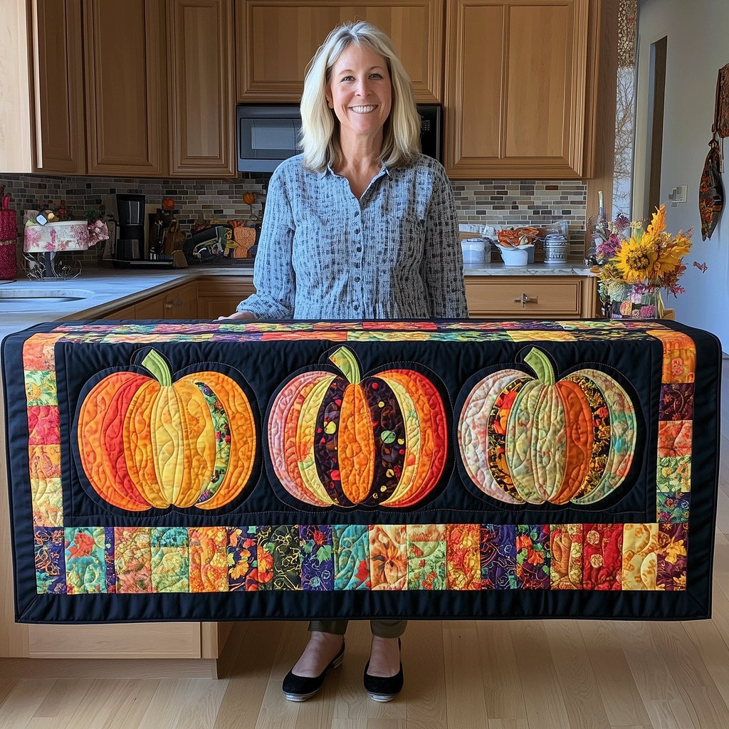 Three Striped Pumpkins with Patchwork Border Table Runner