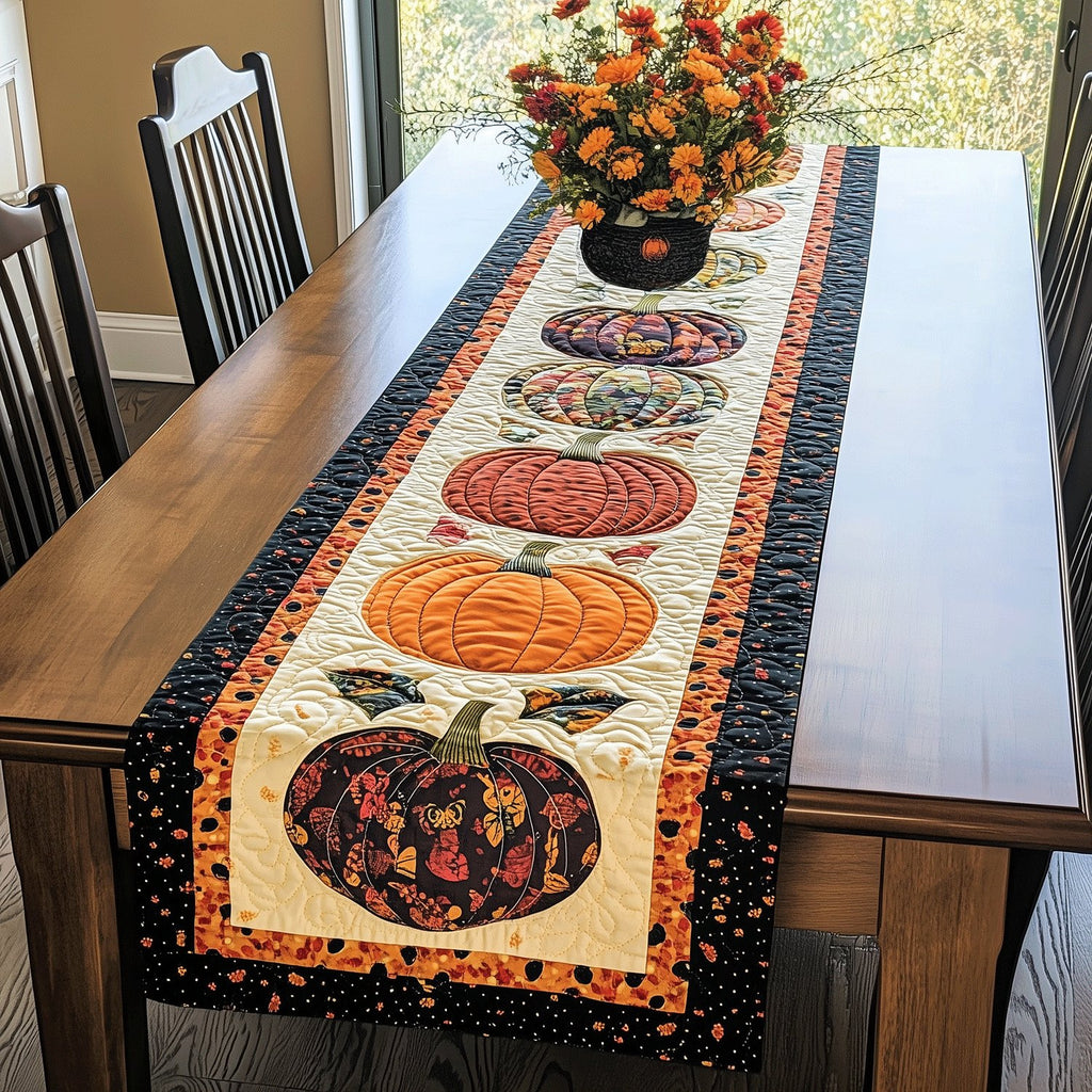 Pumpkin Trio on Black Bordered Cream Table Runner