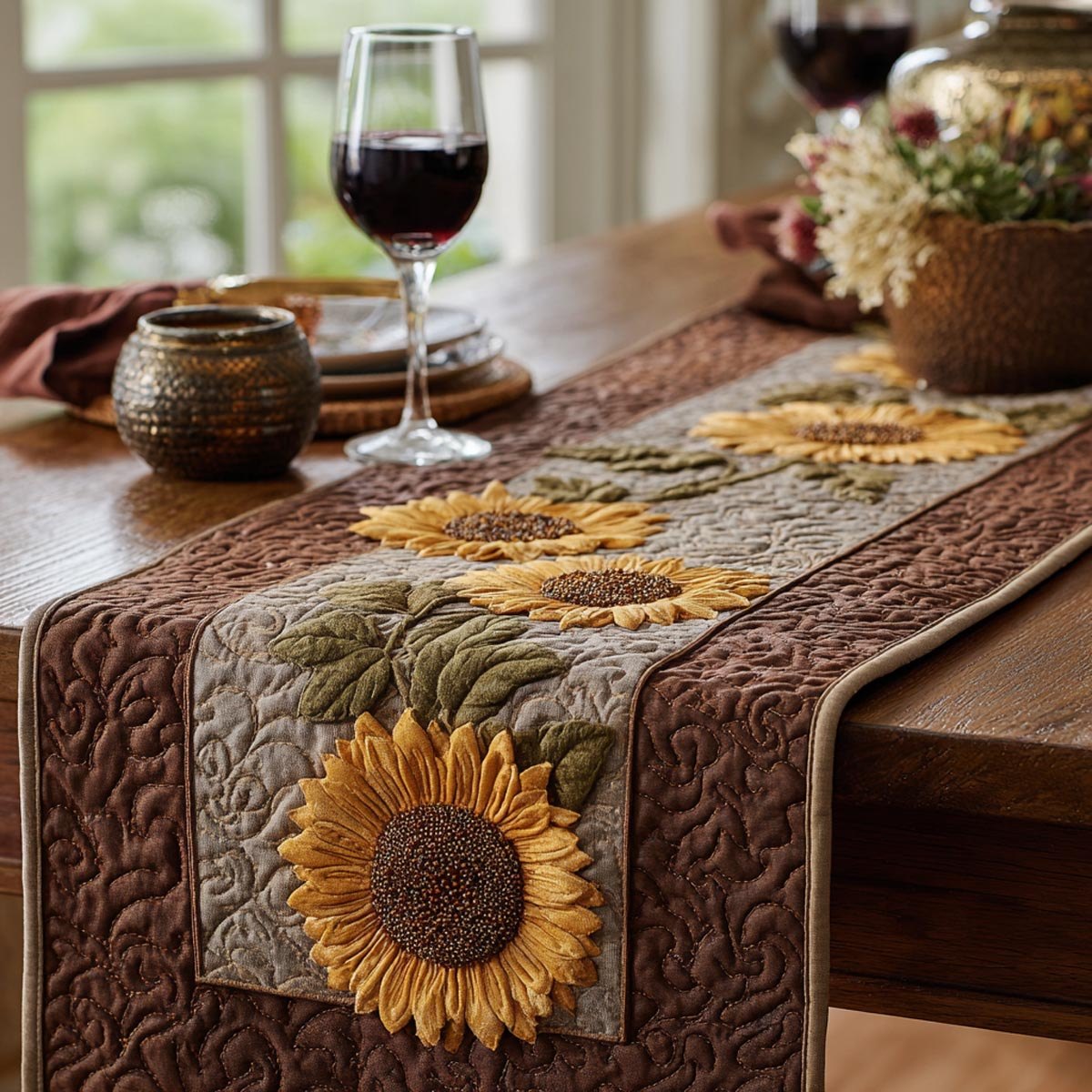 Single Sunflower on Warm Taupe Table Runner
