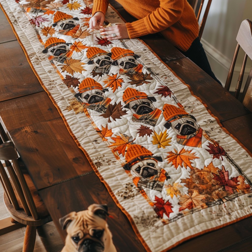 Pugs and Falling Leaves on Cream Table Runner