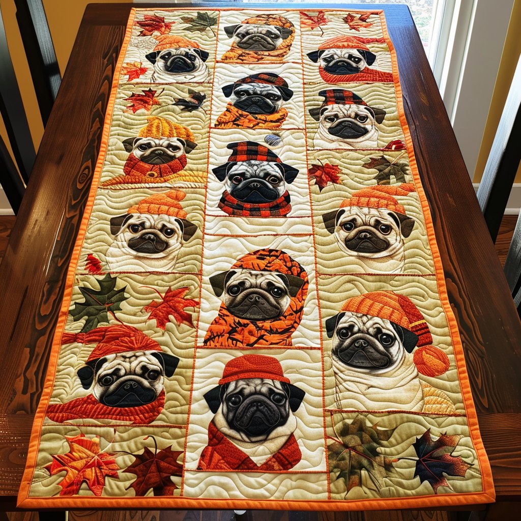 Pugs in Scarves Between Leaf Blocks Table Runner