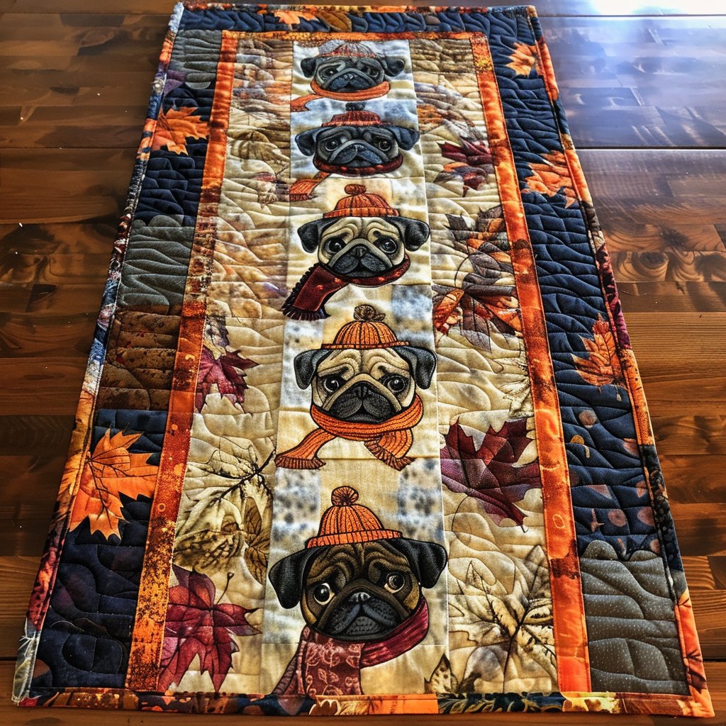Pug in Knit Hat on Navy Table Runner