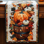 Pumpkins in a Barrel with Chickadees Table Runner