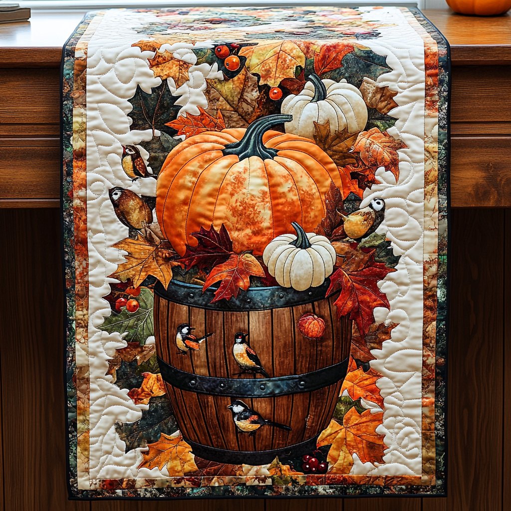 Pumpkins in a Barrel with Chickadees Table Runner