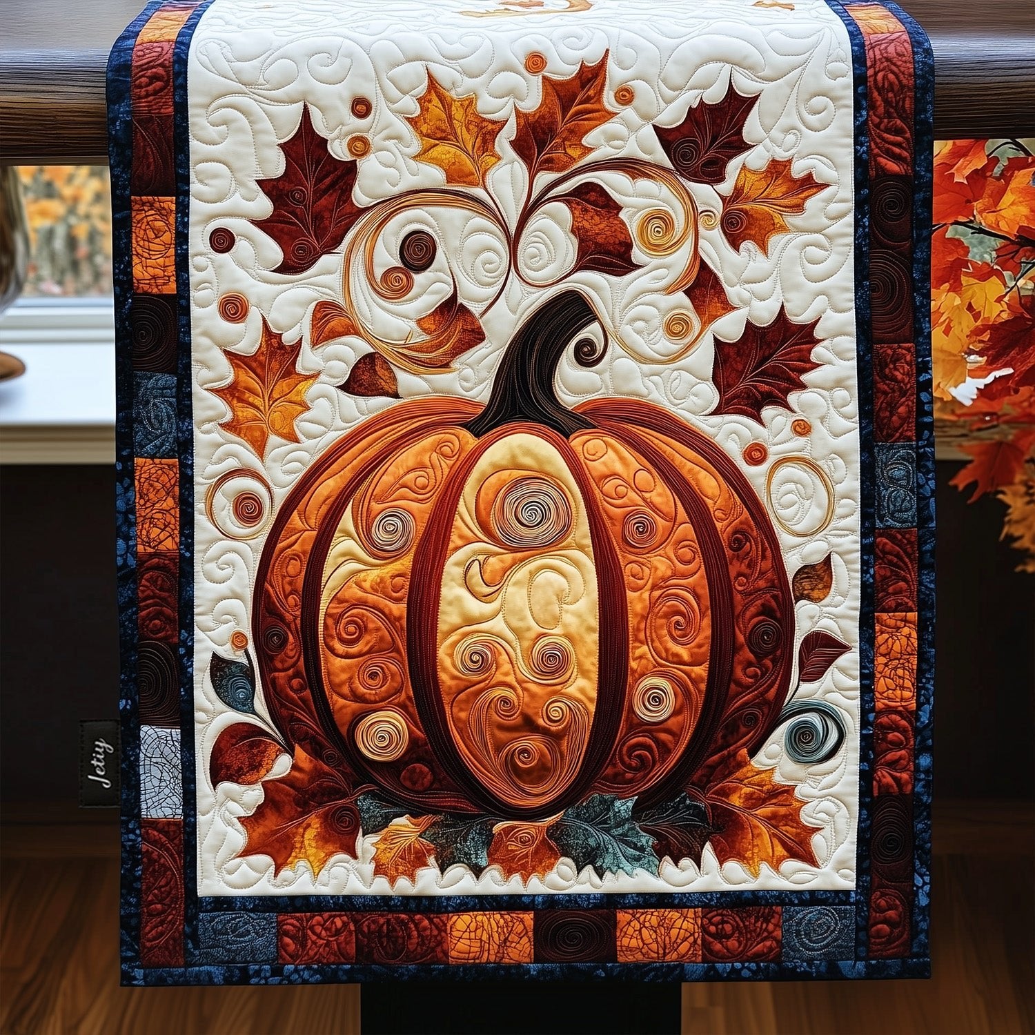Swirled Orange Pumpkin with Fall Leaves Table Runner