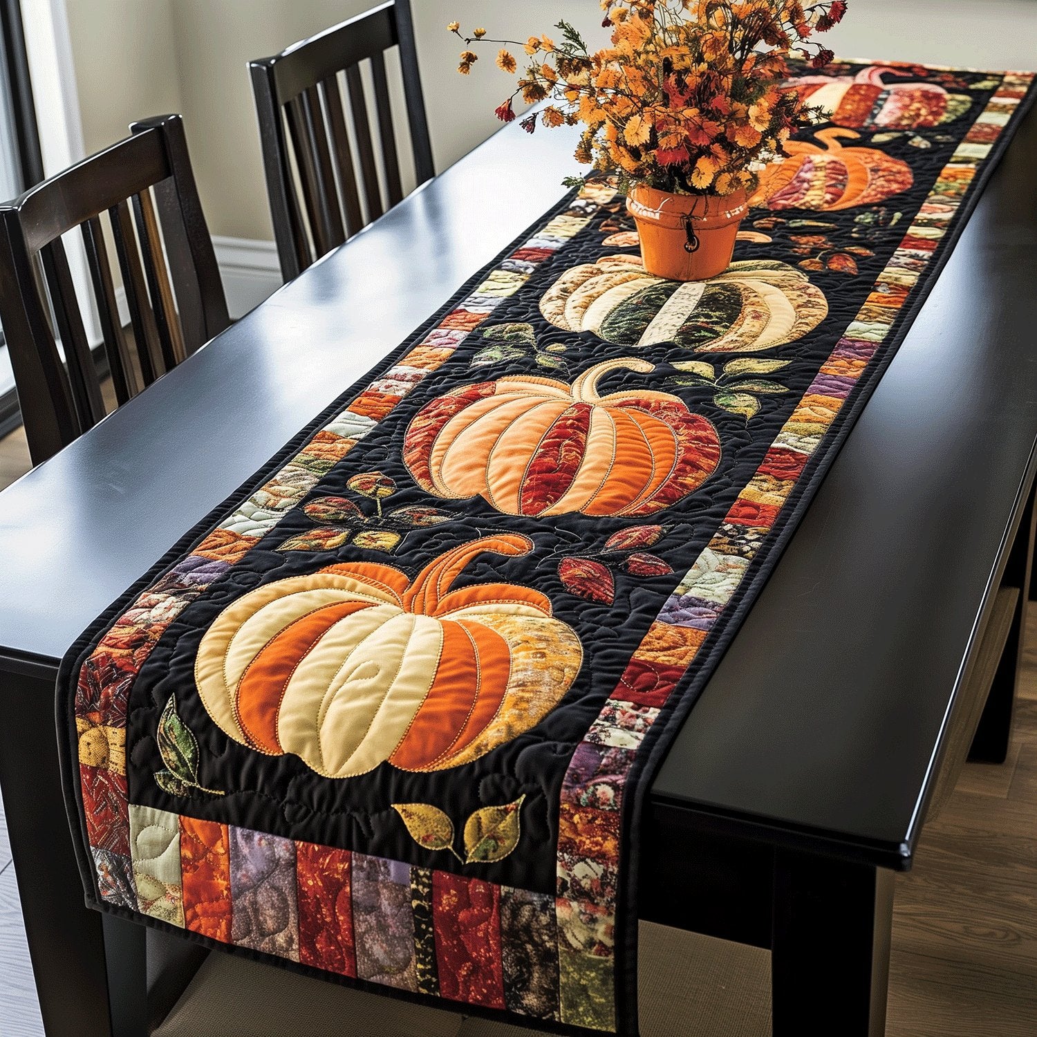 Pumpkins and Bats on Black Table Runner