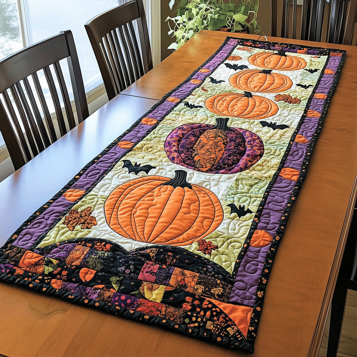 Orange Pumpkin with Bats and Purple Border Table Runner