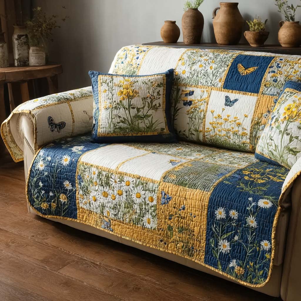 Azure Daisy Sofa Cover