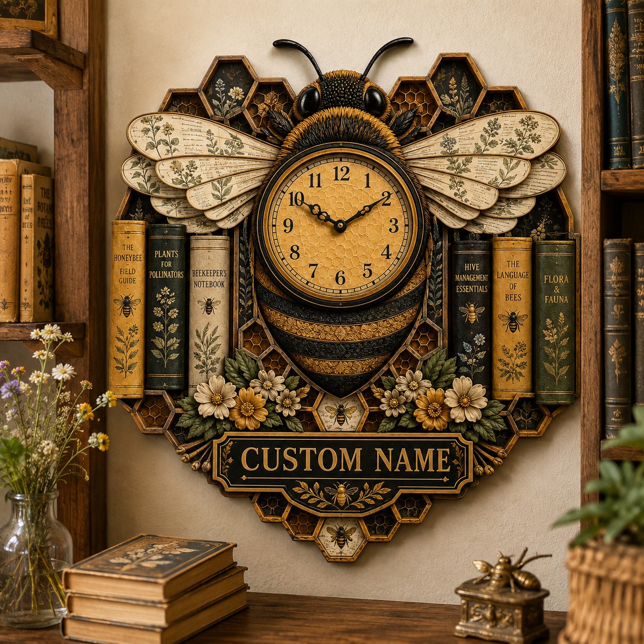 Personalized Beekeeper Book Lover Wall Clock — personalized with a custom name