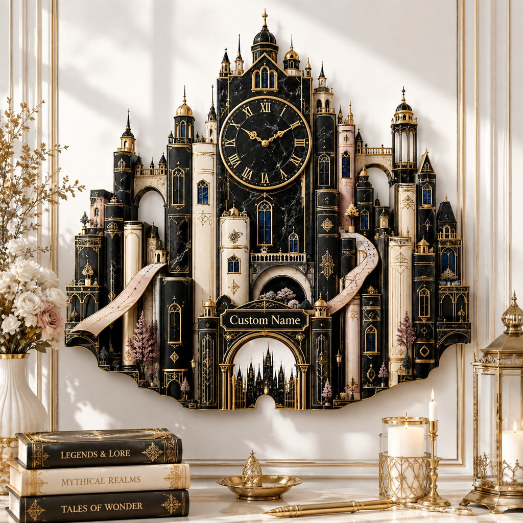 Personalized Fantasy Book City Wall Clock — personalized with a custom name