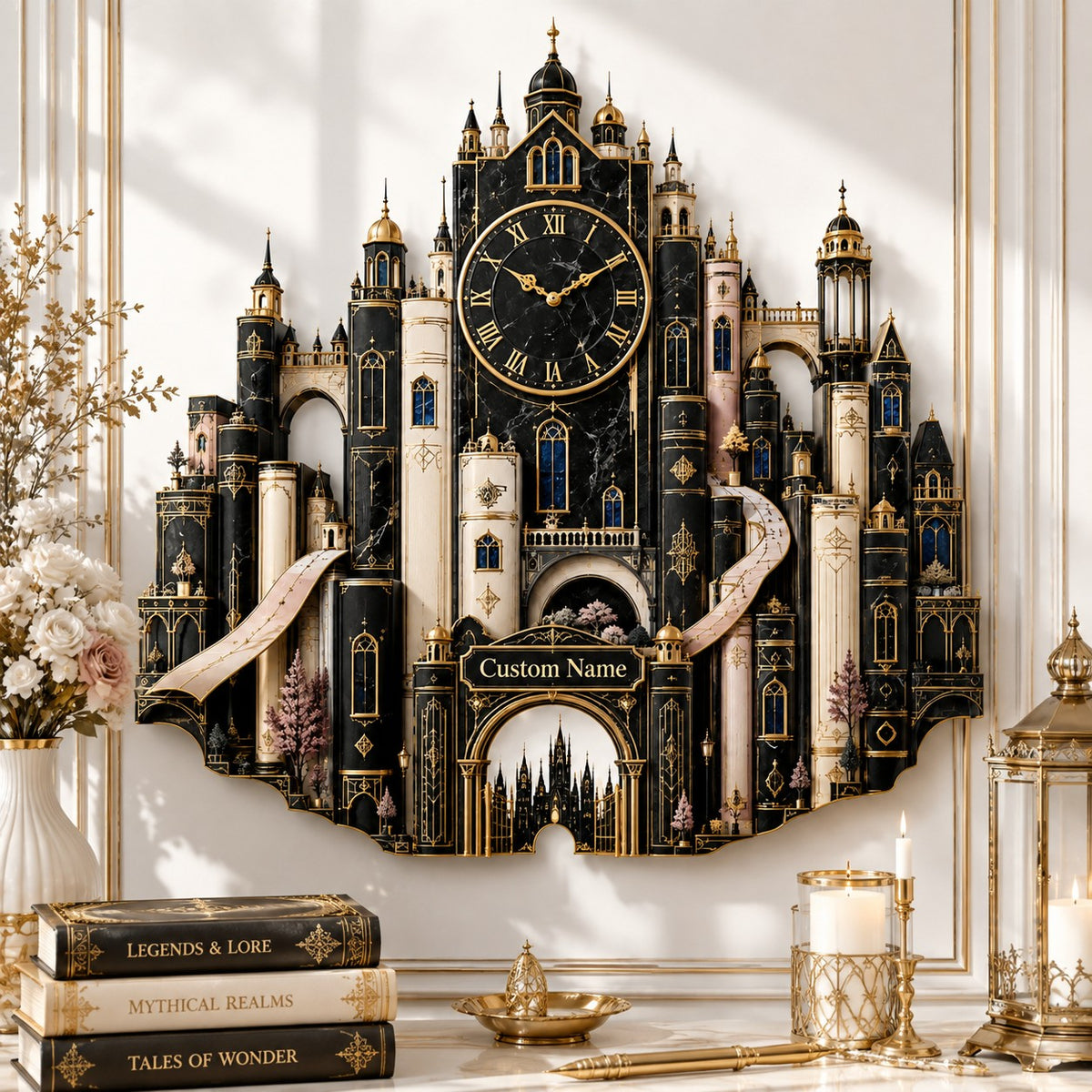Personalized Fantasy Book City Wall Clock — personalized with a custom name