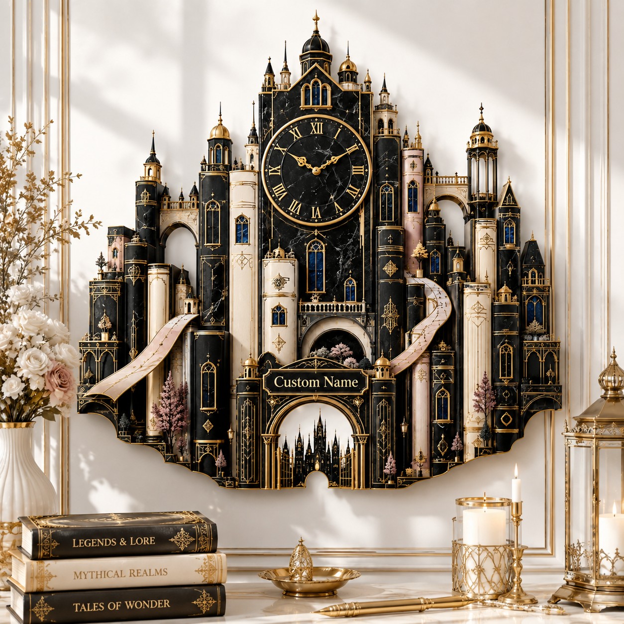 Personalized Fantasy Book City Wall Clock — personalized with a custom name