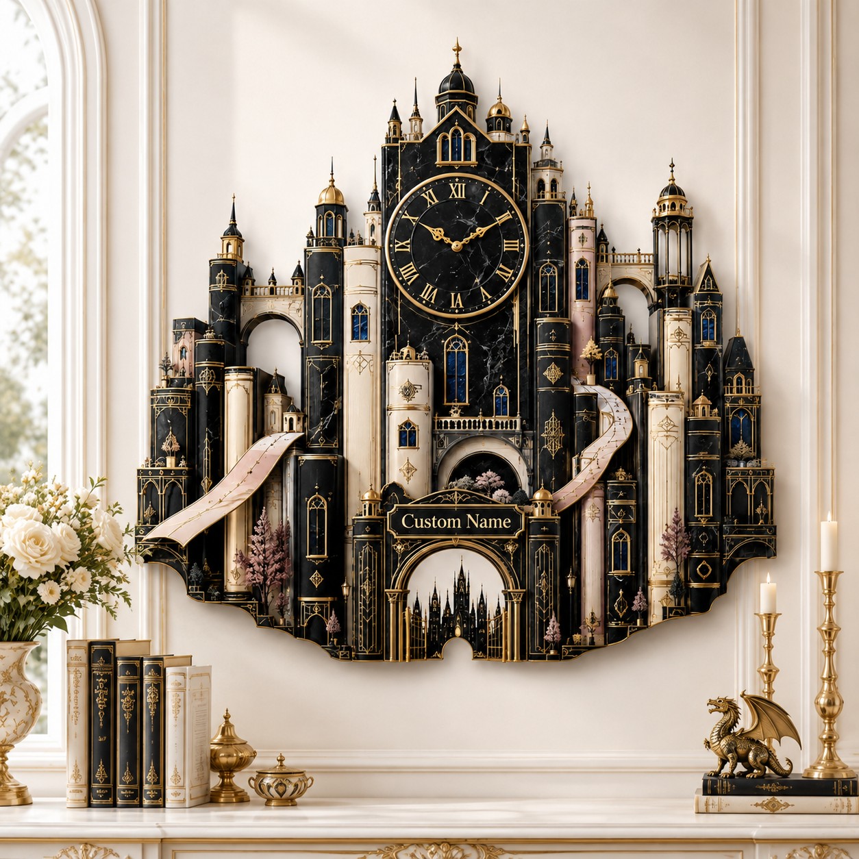 Personalized Fantasy Book City Wall Clock — personalized with a custom name