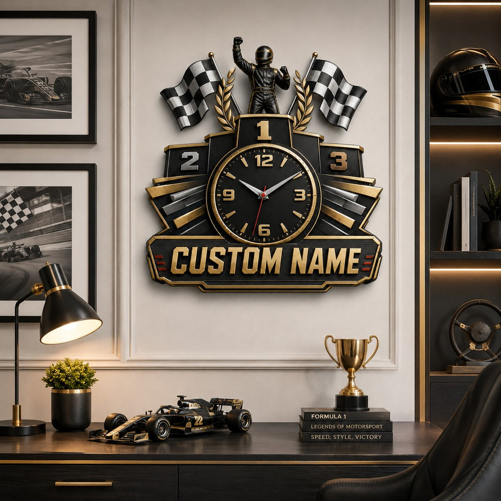 Racing champion podium Custom Name Wall Clock — personalized with a custom name