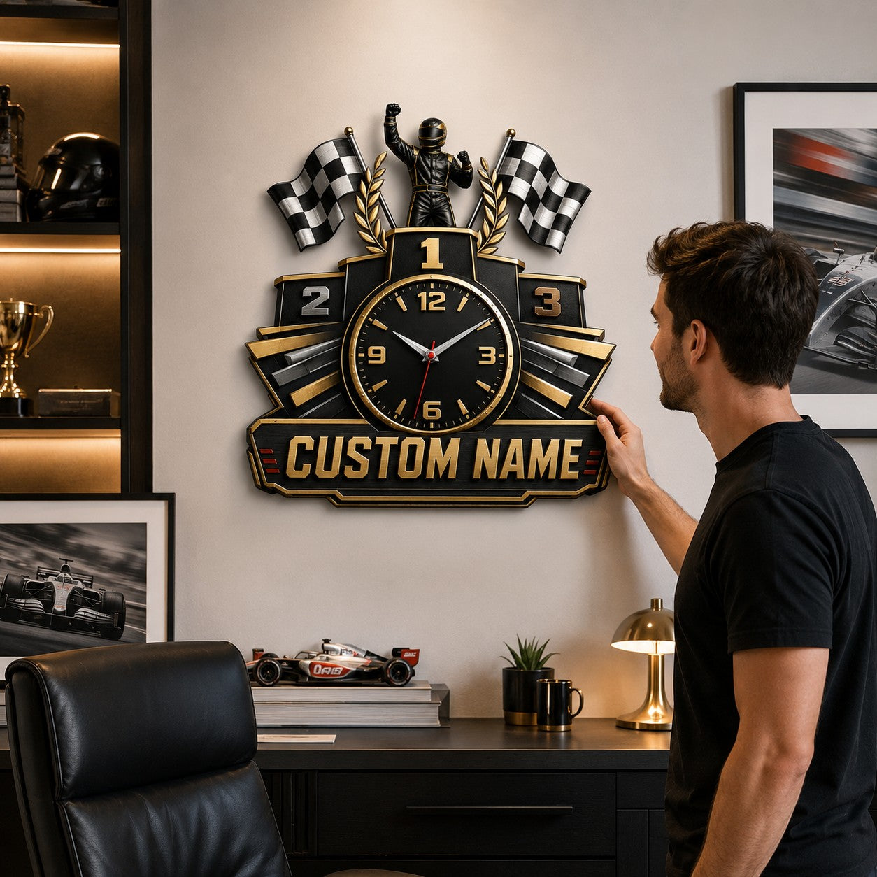 Racing champion podium Custom Name Wall Clock — personalized with a custom name