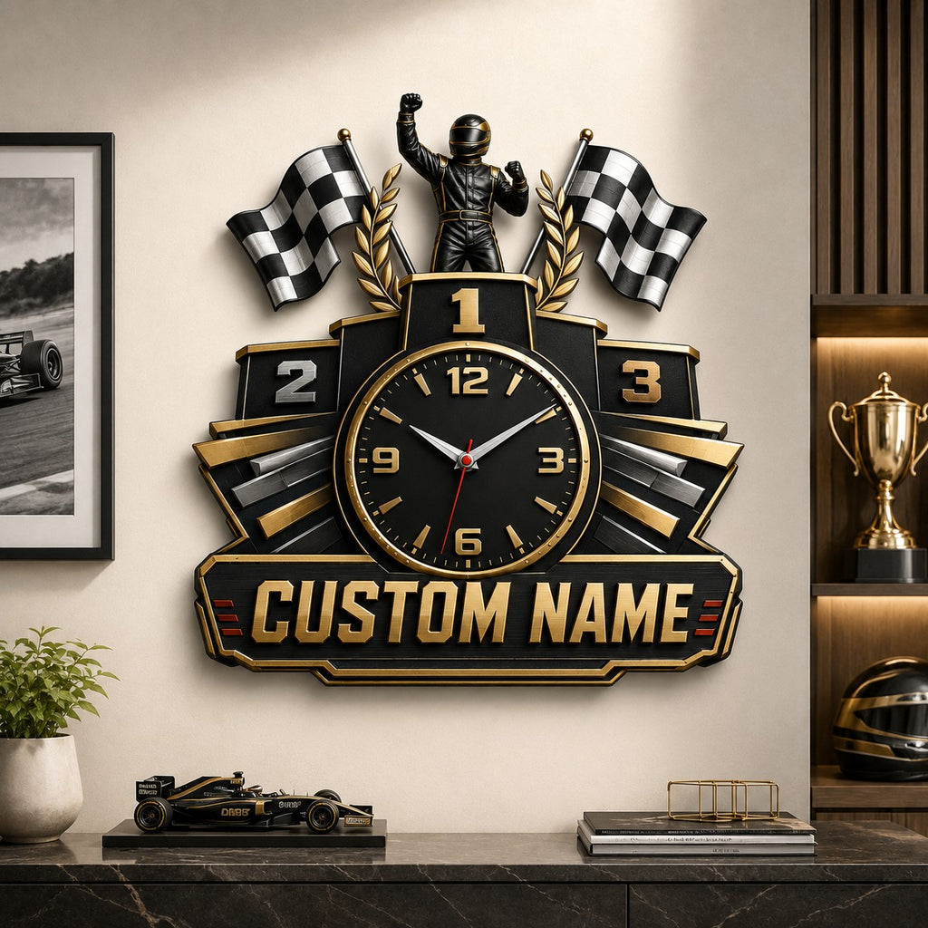 Racing champion podium Custom Name Wall Clock — personalized with a custom name