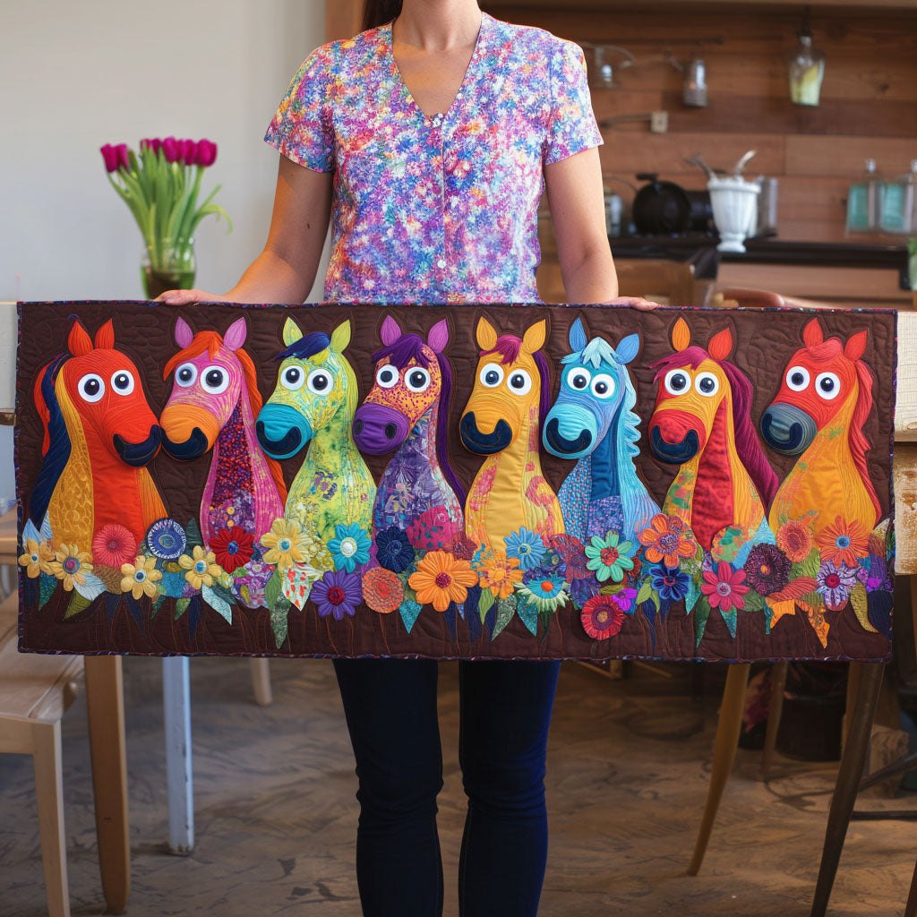 Row of Bright Rainbow Chickens Table Runner
