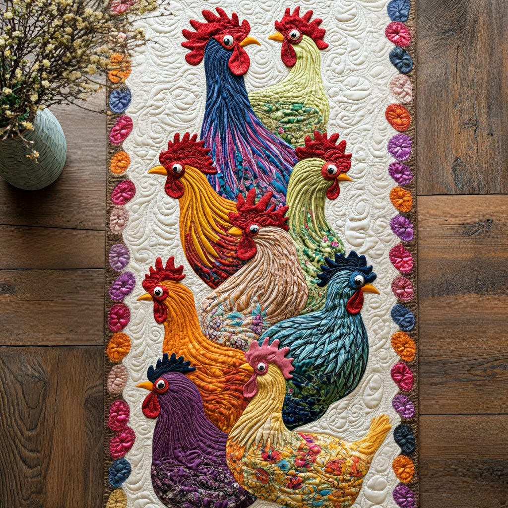 Colorful Roosters with Floral Border Table Runner