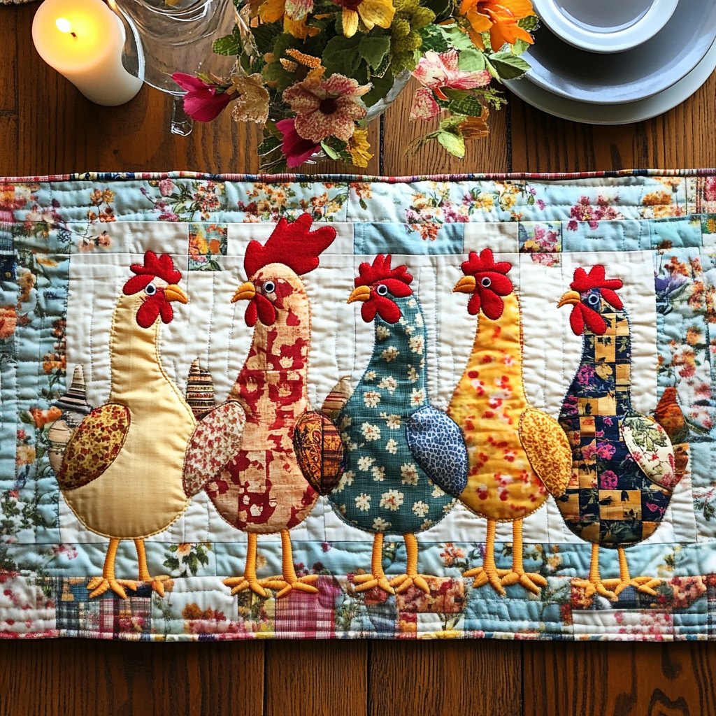 Patchwork Hens in a Row Table Runner