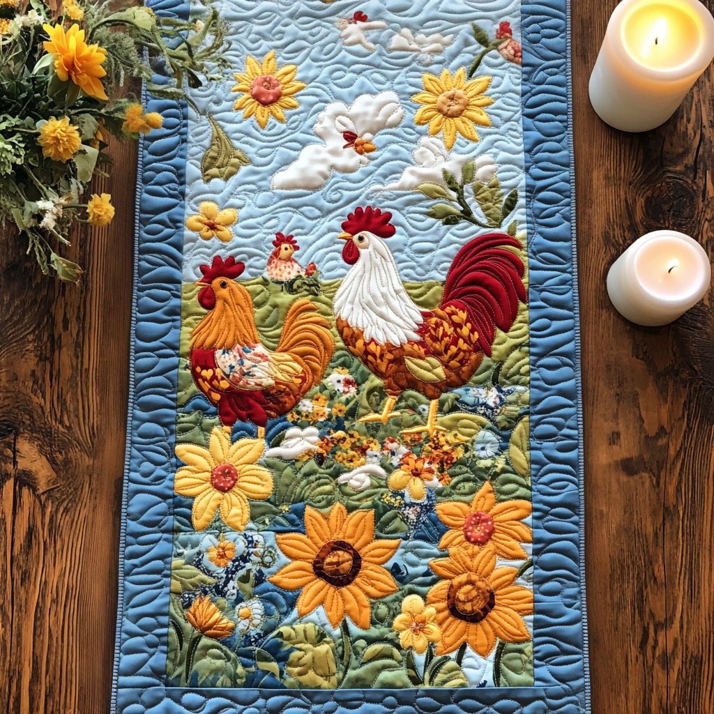 Rooster and Hen Among Sunflowers Table Runner