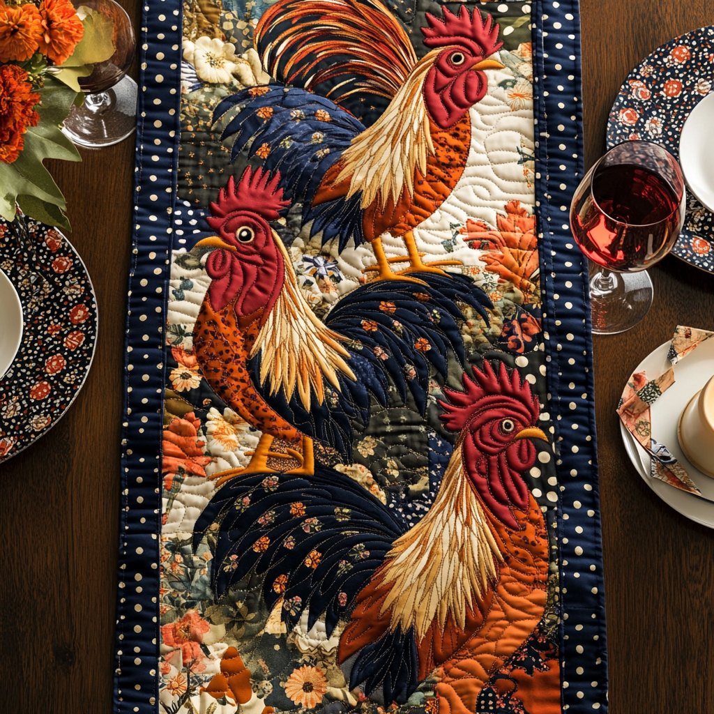 Roosters on Navy with Autumn Leaves Table Runner
