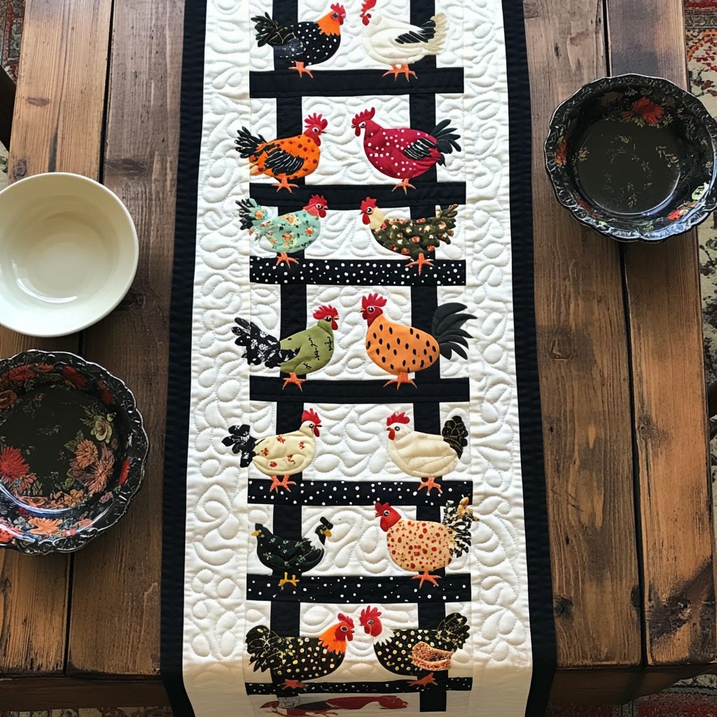 Chickens on a Black Fence Table Runner