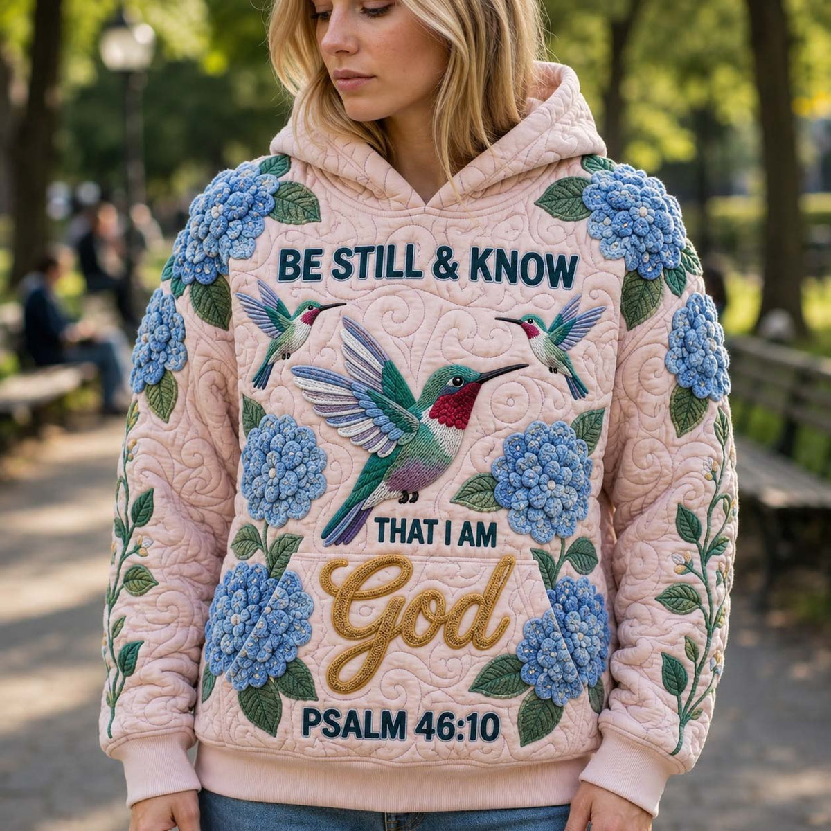 Be Still Hydrangea Garden hoodie, all-over print