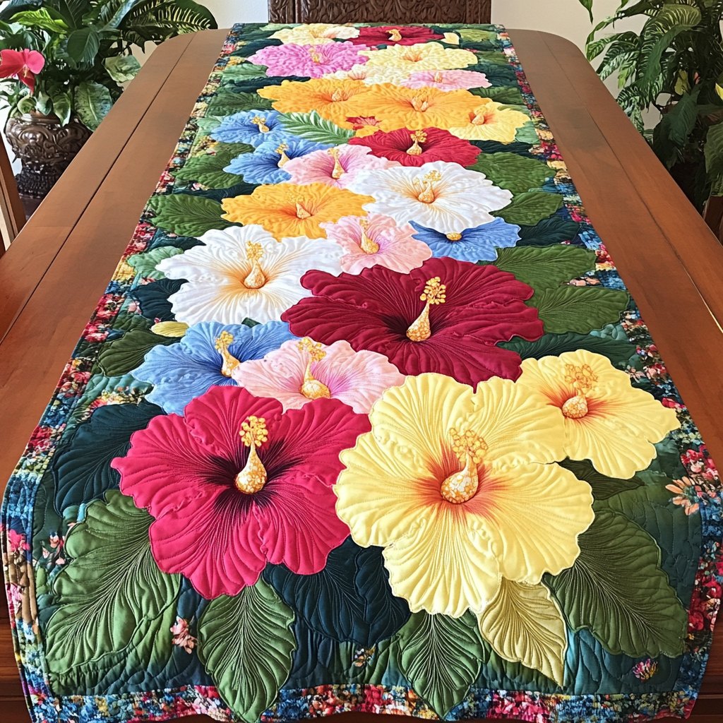 Bold Hibiscus Bouquet in Red and Yellow Table Runner