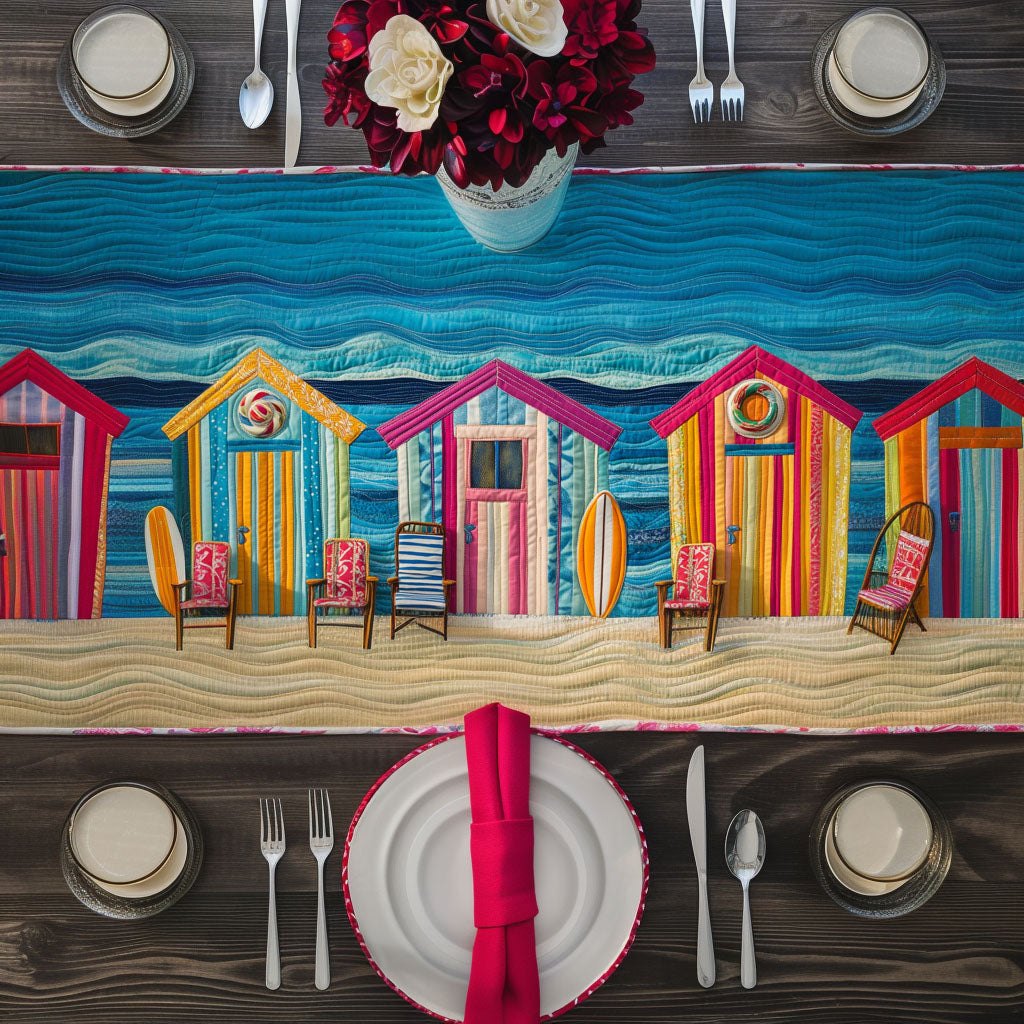 Colorful Beach Huts on the Sand Table Runner