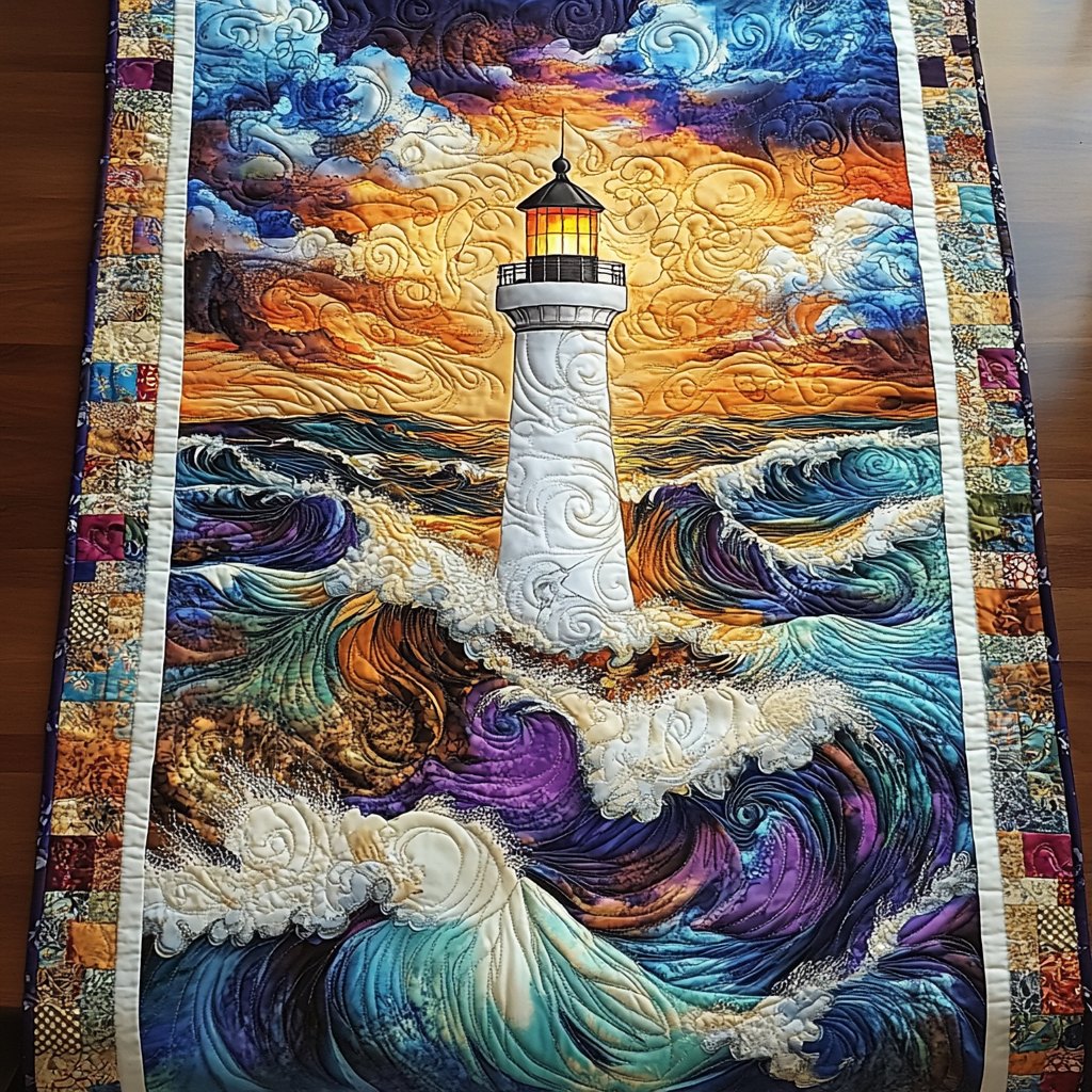 White Lighthouse Above Golden Waves Table Runner