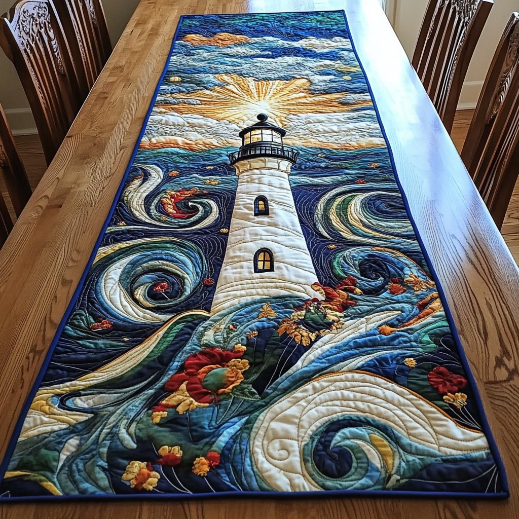 Lighthouse in Swirling Blue Night Table Runner