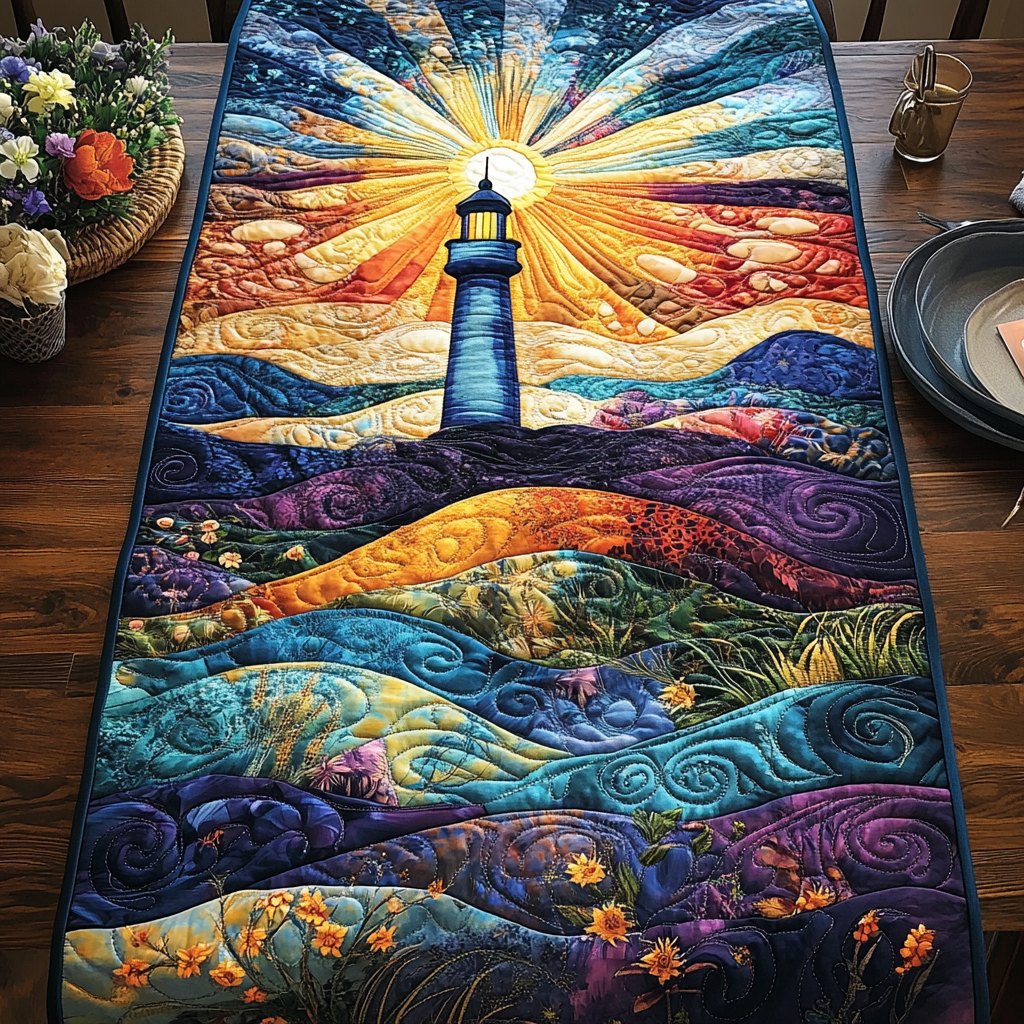 Lighthouse at Sunset Over Violet Waves Table Runner