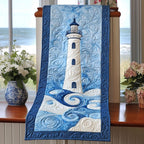 Blue Lighthouse on White Swirls Table Runner