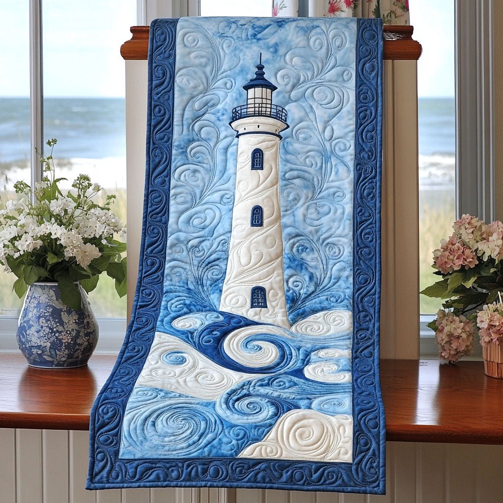 Blue Lighthouse on White Swirls Table Runner