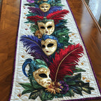 Venetian Masks with Colorful Feathers Table Runner
