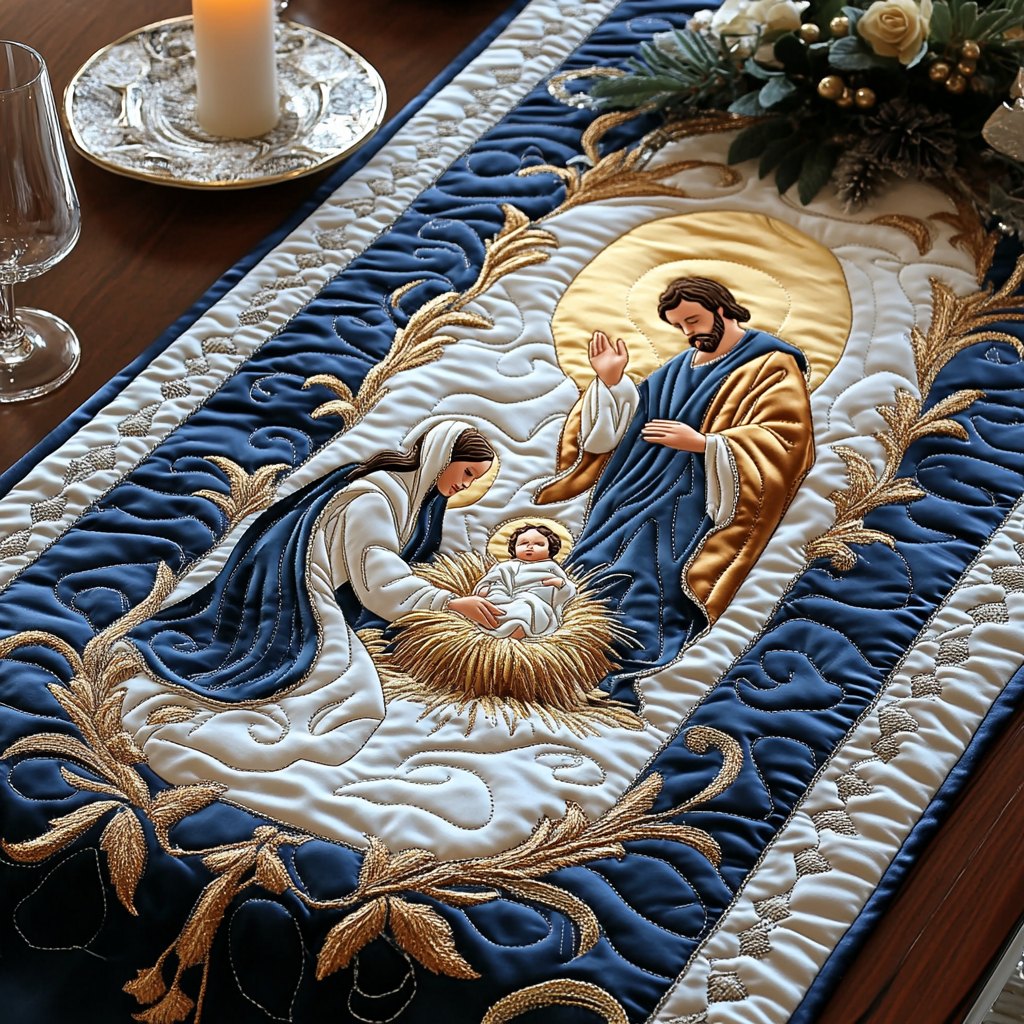 Holy Family with Newborn in Blue Table Runner