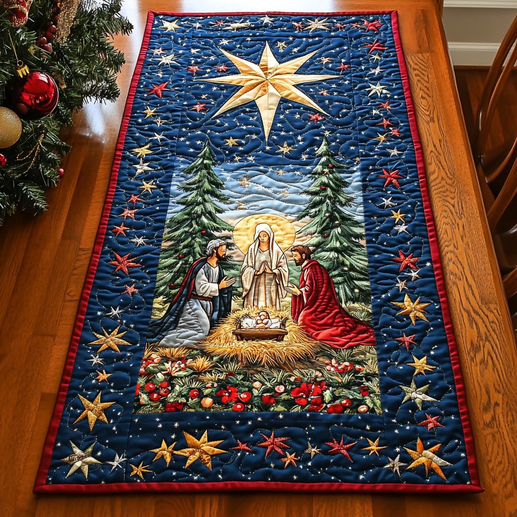 Nativity Among Pines and Gold Stars Table Runner